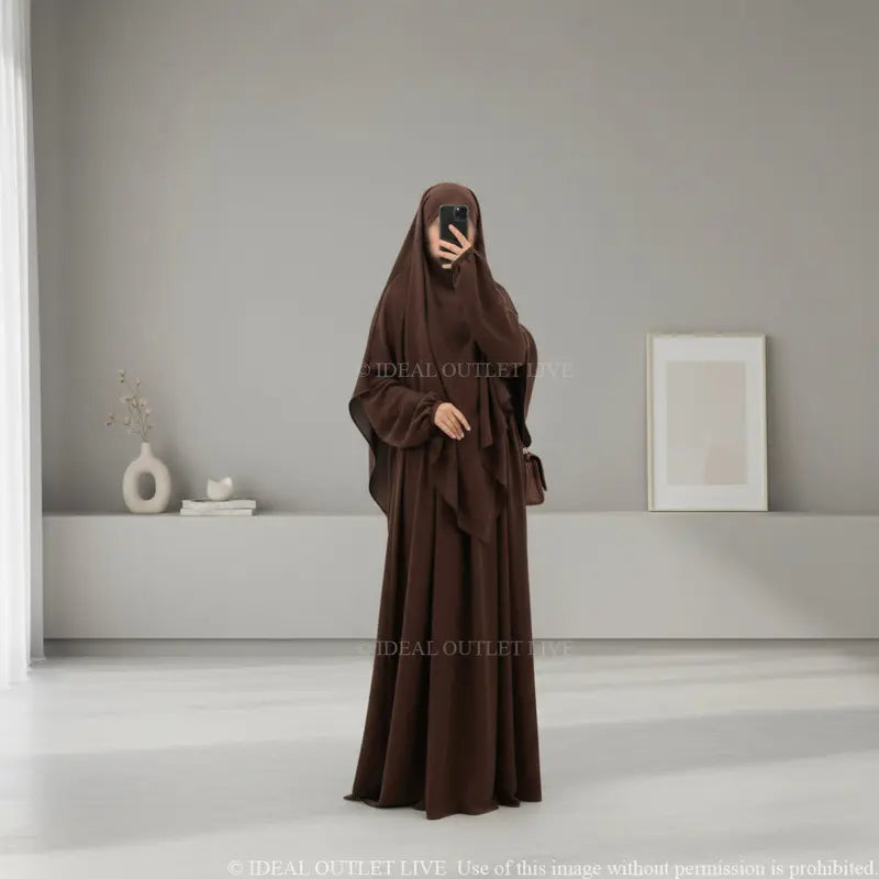 Il completo da preghiera, Abaya Khimar 2 pezzi in tessuto Jazz, Mastour e pratico