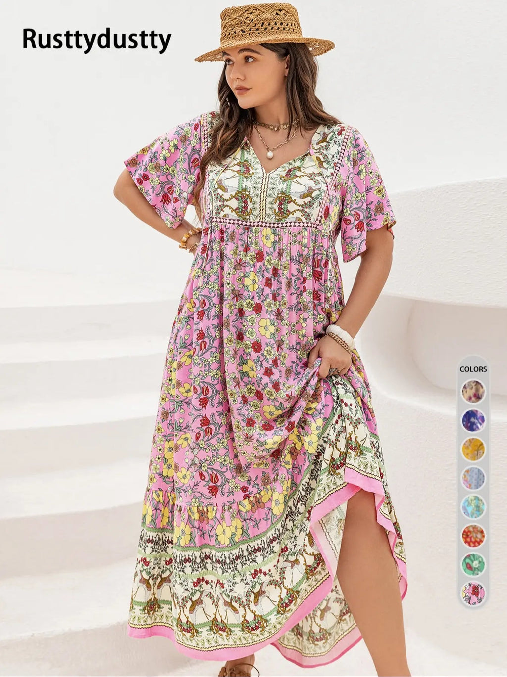 Robe longue grande taille à imprimé floral patchwork avec cravate, dentelle contrastante et ourlet à volants, robe chasuble bohème à manches papillon, vêtements d'été pour femmes pour les vacances