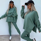 Ensemble deux pièces oversize pour femme - Sweat-shirt à ourlet fendu et pantalon skinny, pull décontracté à col rond et manches longues, vêtements pour femme pour l'automne et costumes d'hiver basiques, Gamis pour femme