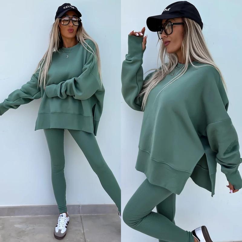 Ensemble deux pièces oversize pour femme - Sweat-shirt à ourlet fendu et pantalon skinny, pull décontracté à col rond et manches longues, vêtements pour femme pour l'automne et costumes d'hiver basiques, Gamis pour femme