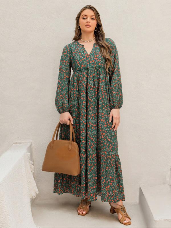 Abito Lungo Floreale da Donna Taglie Forti, Abito Lungo con Scollo a V e Lacci sul Retro e Bordo in Pizzo a Maniche Lunghe per Autunno Inverno, Elegante e Casual