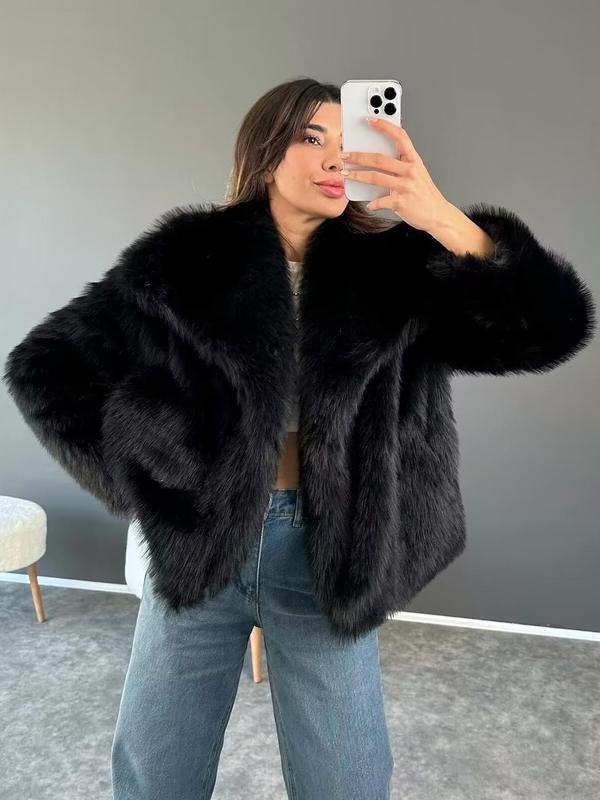 Veste en fausse fourrure unie pour femme, manteau décontracté à col et manches longues pour l'automne et l'hiver, vêtements quotidiens pour femme, hauts mignons