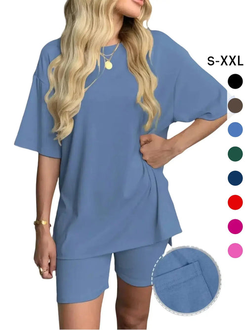 Ensemble T-shirt uni et short moulant pour femme, vêtement de nuit décontracté d'été à col rond, confortable, avec poches, pour l'extérieur