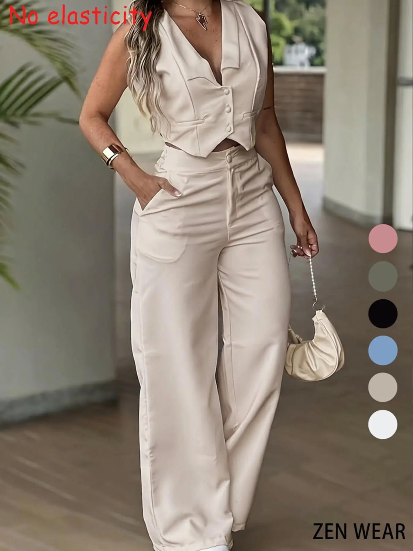 Completo Pantaloni da Donna, Gilet Senza Maniche con Coulisse in Vita, Pantaloni a Gamba Larga, Elegante Completo Due Pezzi da Ufficio