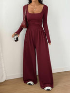 Combinaison Femme Automne Hiver en Tricot à Jambes Larges, Combinaison Décontractée Unie à Col Rond, Combinaison Polyvalente à Manches Longues