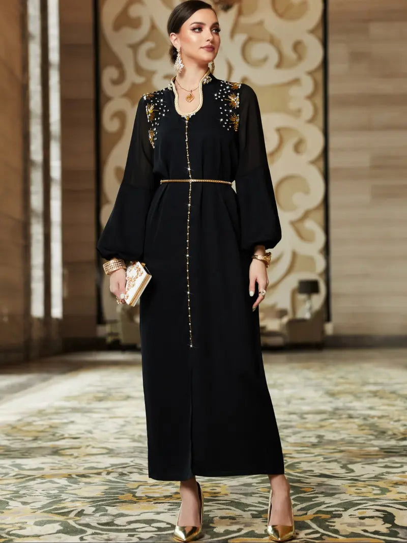 Abito lungo da donna fatto a mano con perline, comodo, elegante per la sera, stiloso da casa