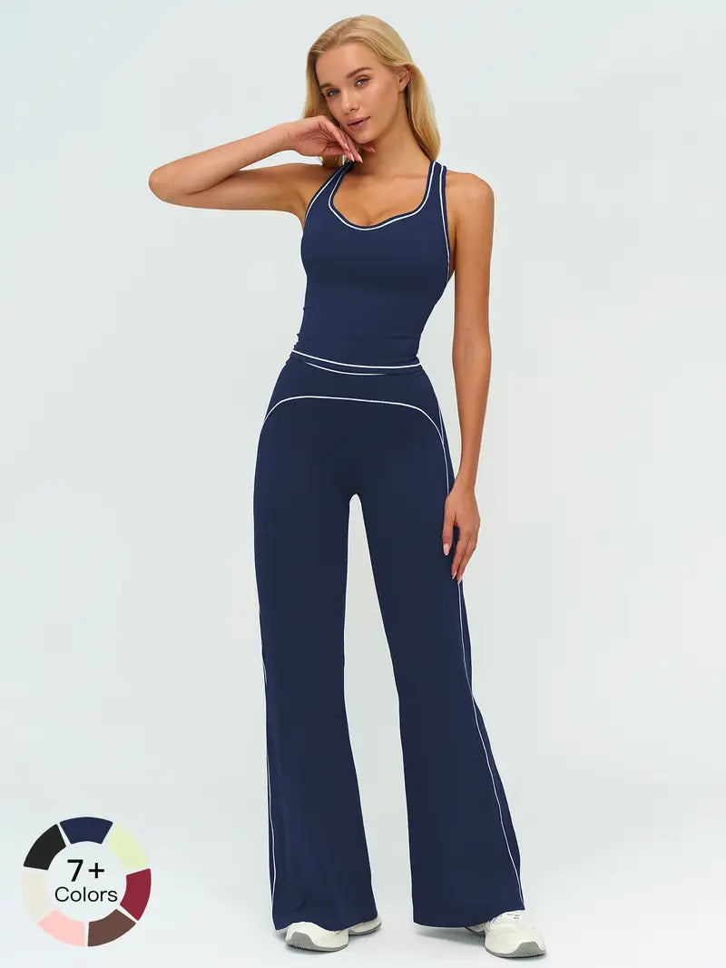 Ensemble de yoga pour femme avec doubles bretelles, tenue de sport de luxe pour la course et l'exercice, tissu polaire colorblock.
