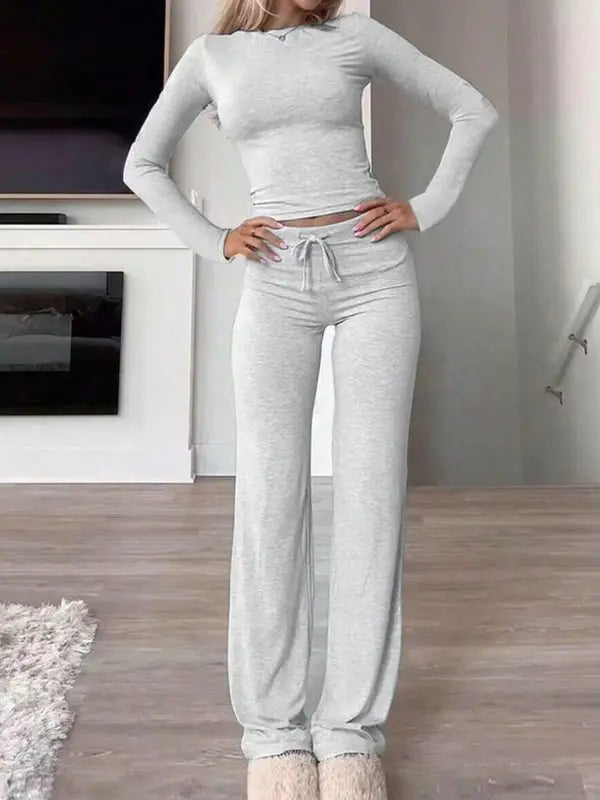 Completo da Casa da Donna Tinta Unita con Arricciature e Coulisse, Top Casual a Maniche Lunghe con Scollo Rotondo e Pantaloni a Gamba Larga con Tasche, Pigiama da Donna per Tutte le Stagioni