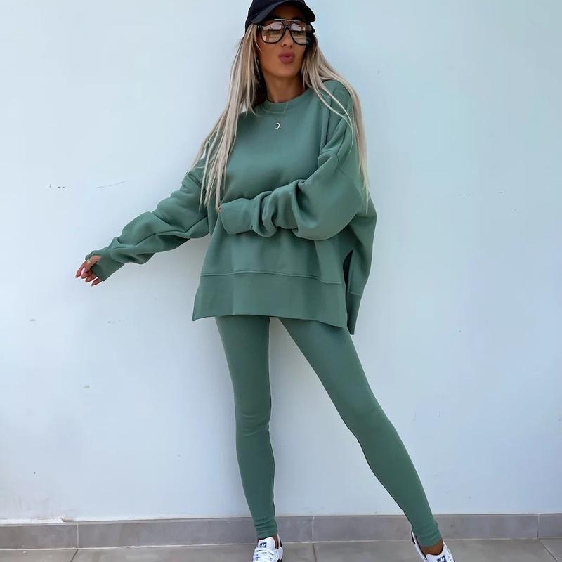 Ensemble deux pièces oversize pour femme - Sweat-shirt à ourlet fendu et pantalon skinny, pull décontracté à col rond et manches longues, vêtements pour femme pour l'automne et costumes d'hiver basiques, Gamis pour femme