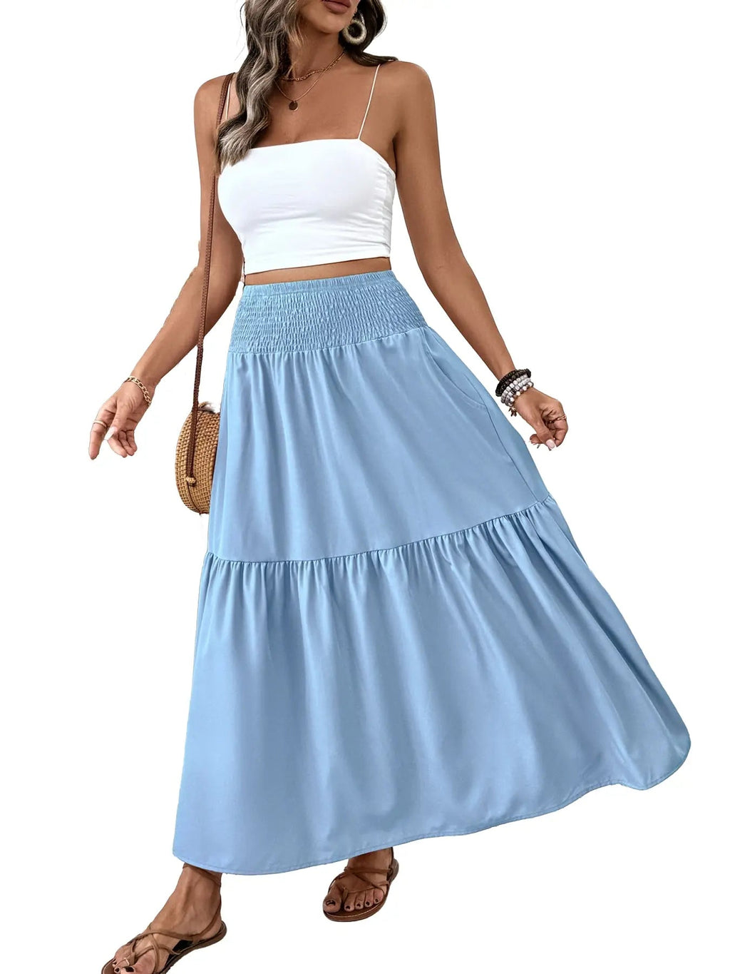 Gonna casual floreale da donna a trapezio, vita elastica con tasche, orlo a foglia, gonna lunga aderente, abito a media lunghezza alla moda