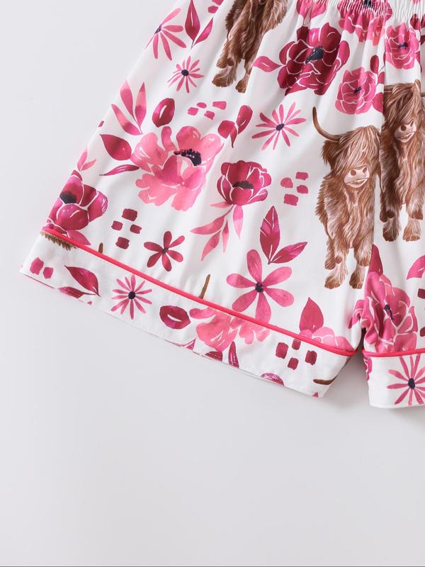 Ensemble de Pyjama Deux Pièces pour Femme, Motif Floral et Vache, Haut et Short à Manches Courtes, Décontracté et Confortable
