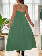 Robe Caraco Grande Taille sans Dos et Croisée, Robe trapèze décontractée unie sans manches à fines bretelles pour l'été, Vêtements pour femmes pour fête et vacances
