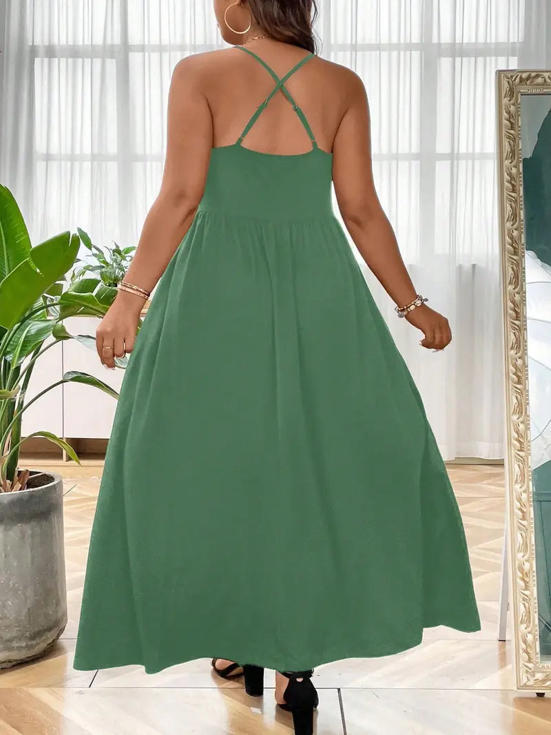 Robe Caraco Grande Taille sans Dos et Croisée, Robe trapèze décontractée unie sans manches à fines bretelles pour l'été, Vêtements pour femmes pour fête et vacances