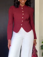 Ensemble décontracté pour femme, top boutonné à col rond et pantalon