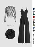 Ensemble deux pièces combishort et tee-shirt en dentelle de couleur unie pour femme, ensemble élégant et décontracté avec combishort dos zippé et haut à manches longues pour le quotidien et l'extérieur, vêtements pour femme pour le printemps et l'automne