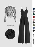 Ensemble deux pièces combishort et tee-shirt en dentelle de couleur unie pour femme, ensemble élégant et décontracté avec combishort dos zippé et haut à manches longues pour le quotidien et l'extérieur, vêtements pour femme pour le printemps et l'automne