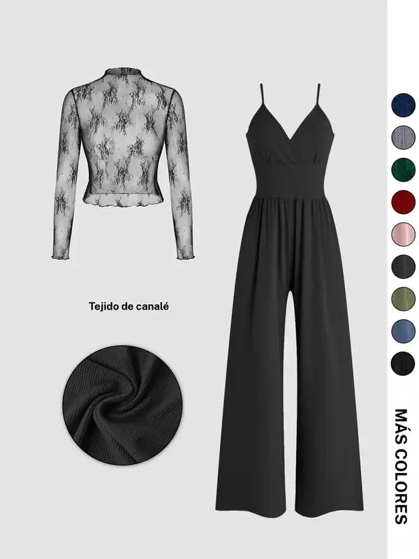 Ensemble deux pièces combishort et tee-shirt en dentelle de couleur unie pour femme, ensemble élégant et décontracté avec combishort dos zippé et haut à manches longues pour le quotidien et l'extérieur, vêtements pour femme pour le printemps et l'automne