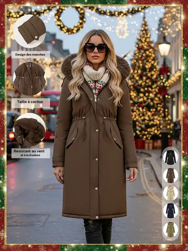 Manteau parka mi-long chaud et tendance pour femme automne-hiver, col en fausse fourrure, ceinture à cordon de serrage à la taille, coupe-vent, imperméable, résistant au froid