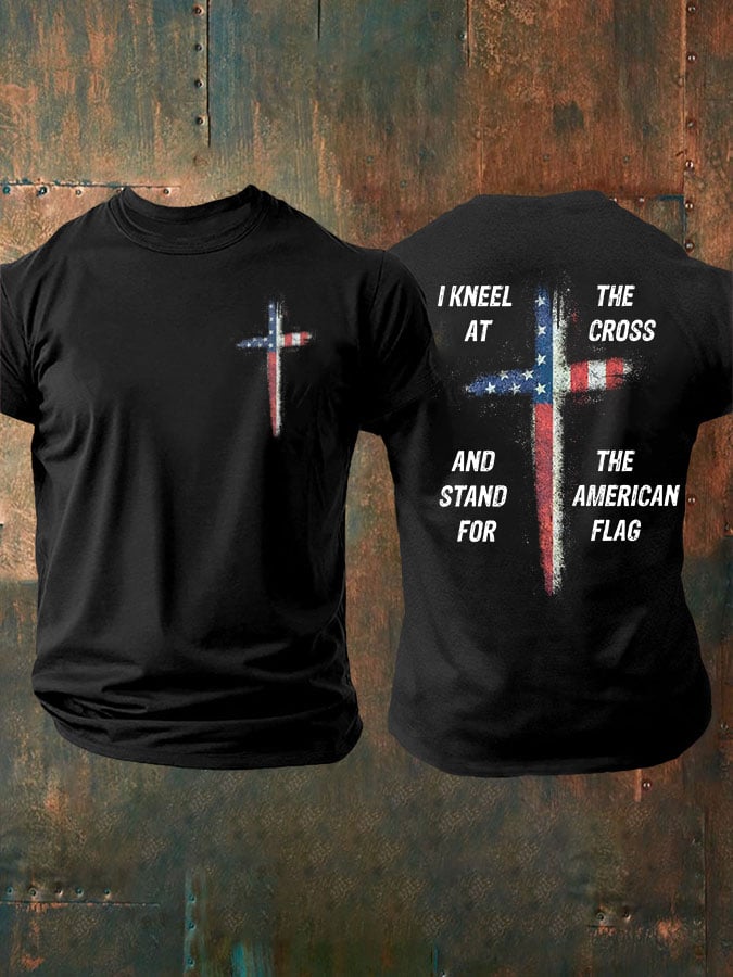 🔥Compra 3 e ottieni il 15% di sconto🔥T-shirt casual da uomo con stampa "Stand For The Flag Kneel For The Cross"