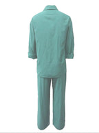 Ensemble Femme Chemise Couleur Unie & Pantalon Large, Tenues Deux Pièces Décontractées Confortables et Respirantes pour le Quotidien en Extérieur, Vêtements Femme pour Printemps Automne