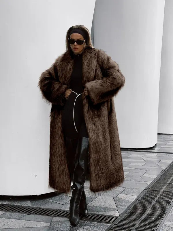 Manteau pour femme en fausse fourrure, couleur unie, devant ouvert, élégant, manches longues, col cascade, vêtement d'extérieur pour l'automne et l'hiver, vêtements pour femmes à porter au quotidien, vêtements pour femmes