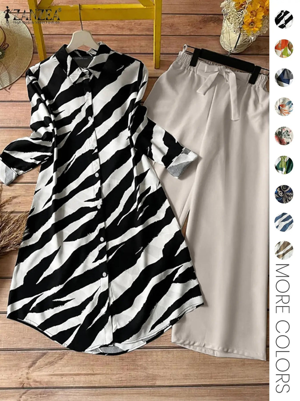Set Due Pezzi da Donna Stampa All-Over Camicia Bottoni & Pantaloni a Gamba Larga, Top Casual a Maniche Lunghe con Colletto & Pantaloni per Uso Quotidiano, Abbigliamento Donna per Tutte le Stagioni