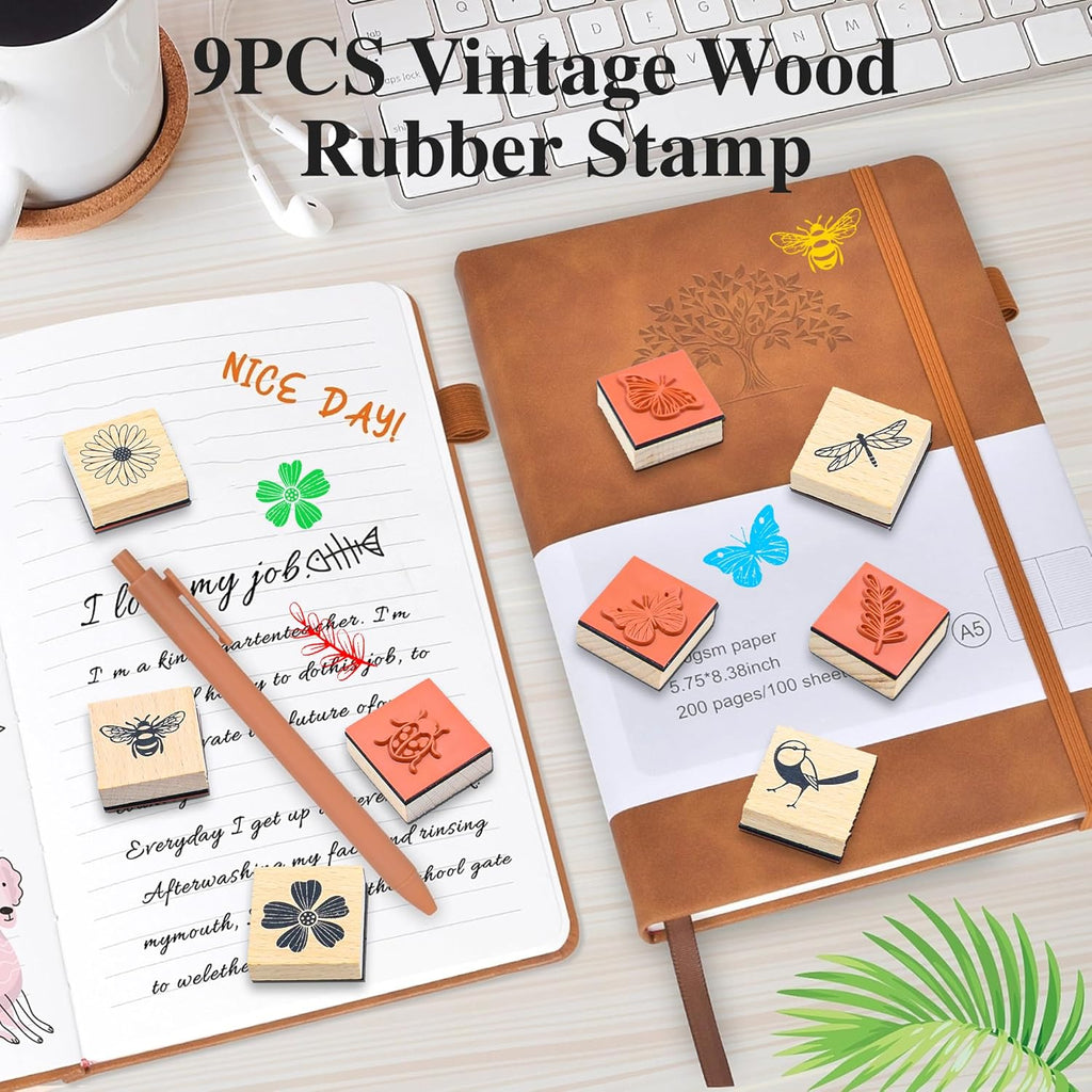 9 Timbri Vintage in Legno con Gomma, Timbri in Legno per Lavorazione Modelli di Farfalle Uccelli Coccinelle Fiori Piante, Set di Timbri in Gomma ad Inchiostro per Scrapbooking, Arte Fai da Te e Diari