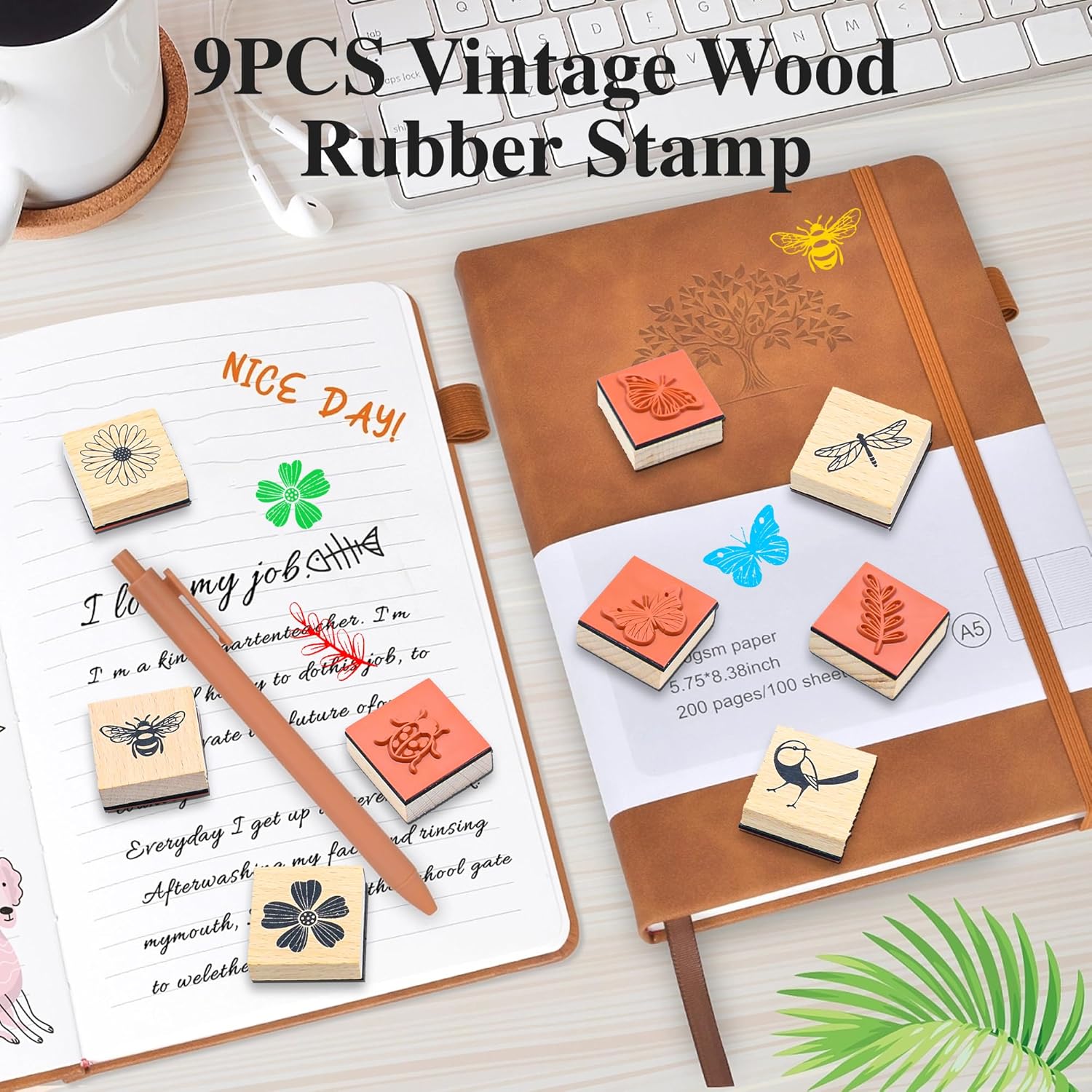 9 PCS Vintage Wooden Rubber Stamps, Wood Stamps for Crafting Pattern of Butterfly Bird Ladybird Flower Plant, Ink Rubber Stamp Set for Scrapbooking, DIY Art and Journals