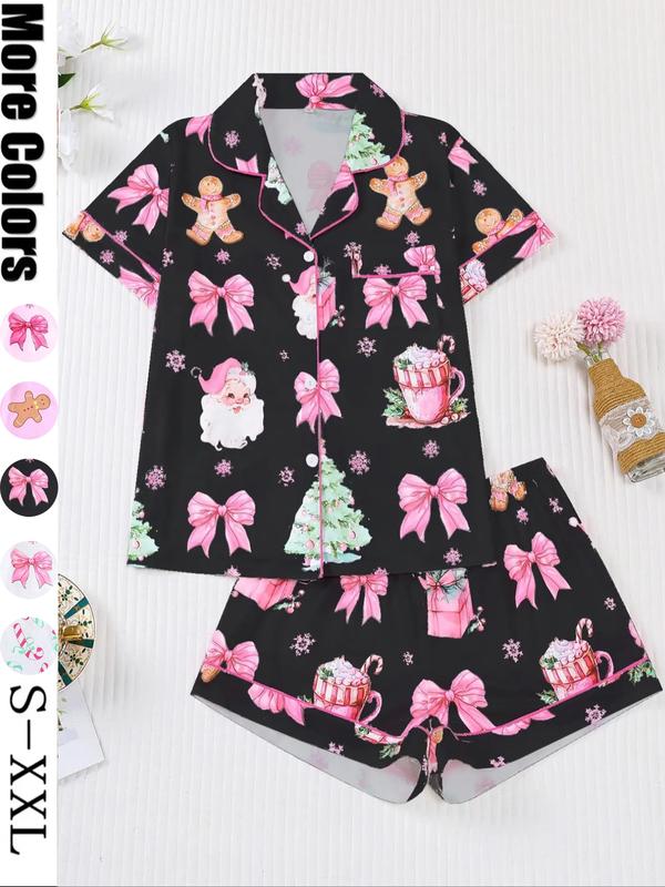 Pigiama natalizio da donna, stampa con biscotti di Babbo Natale, top a maniche corte abbottonato e pantaloncini elasticizzati, pigiameria casual per tutte le stagioni, pigiama natalizio, abbigliamento da casa
