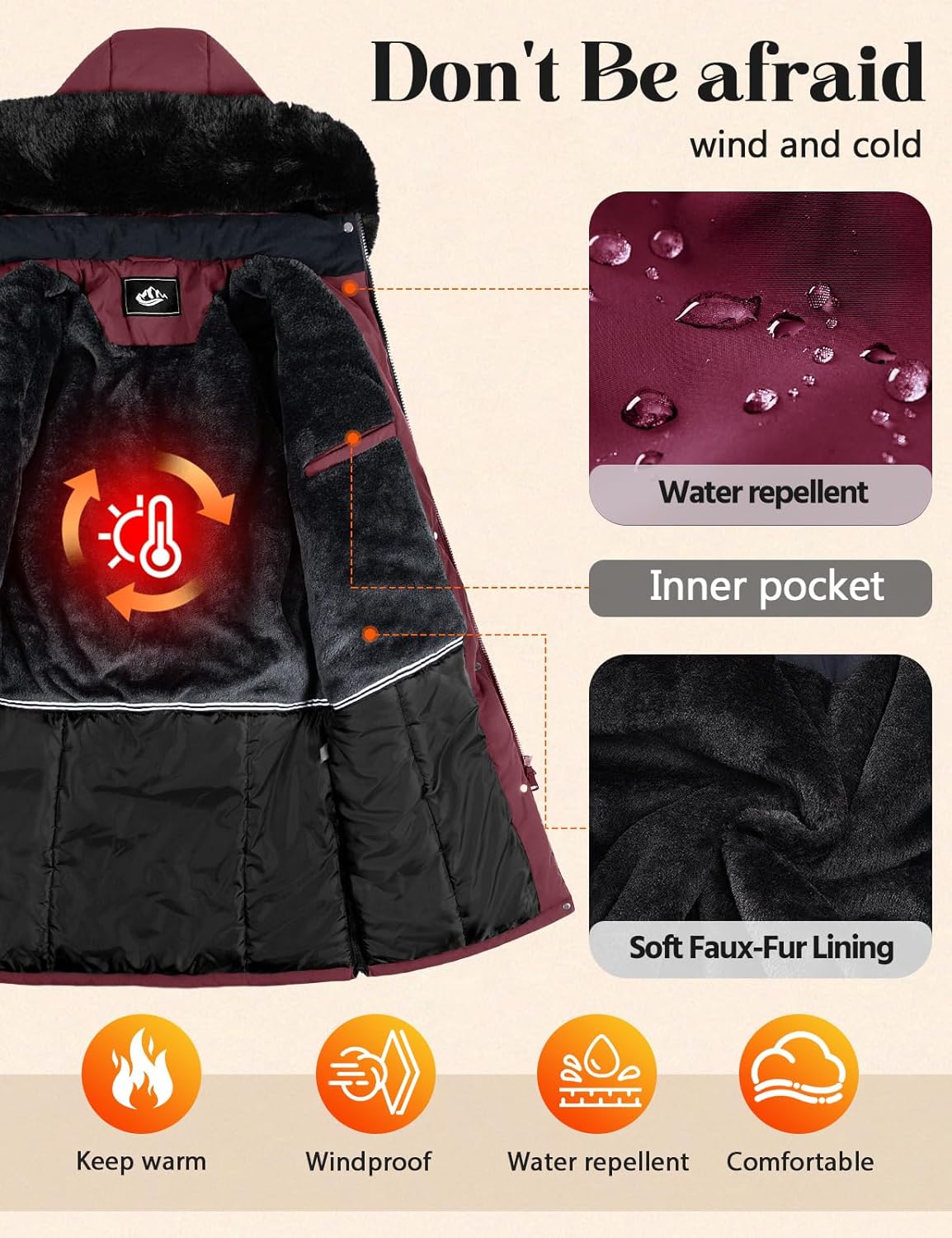 Manteaux longs pour femmes Manteaux longs chauds doublés en polaire d'hiver pour femmes, parka imperméable et coupe-vent, manteau avec fermeture éclair, boutons, cordon de serrage à la taille, avec poches et capuche amovible