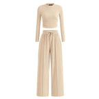 2-Piece Ribbed Knit Long Sleeve Crop Top Wide Leg Pants Matching Lounge Set Loungewear