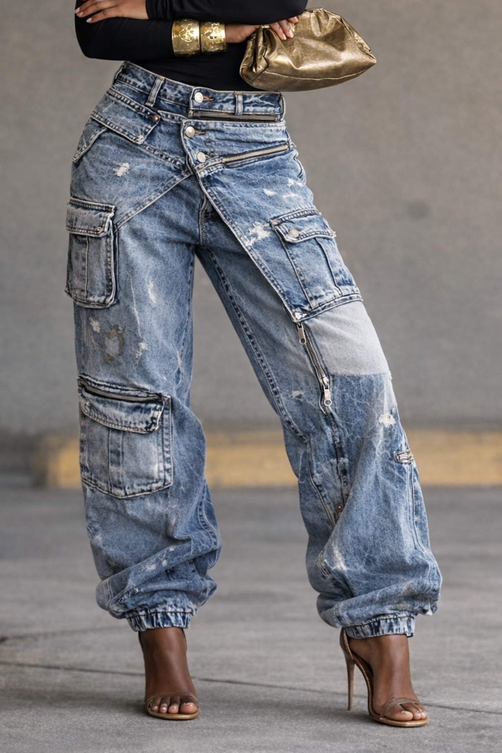 Jean ample femme faux deux-pièces à poches zippées
