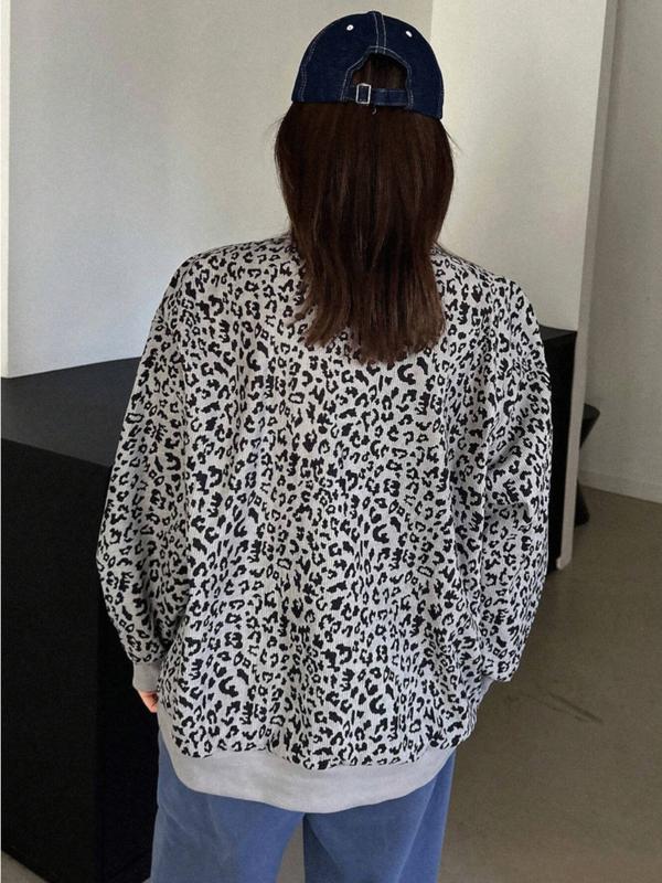 Sweat-shirt décontracté à manches longues et imprimé léopard, avec fermeture éclair à l'avant, Vêtements d'automne