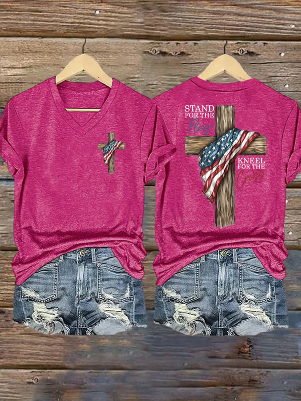 T-shirt casual da donna stampata con scritta "Stand For The Flag Kneel For The Cross"