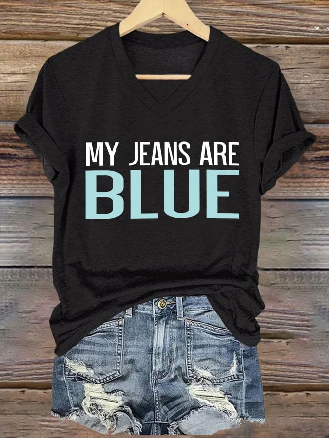 🔥Compra 3 e ottieni il 15% di sconto🔥T-shirt retrò con scollo a V stampa My Jeans Are Blue