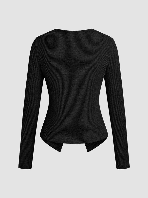 Haut à manches longues décontracté et élégant en maille côtelée boutonnée pour femme, coupe ajustée unie, convient à toutes les saisons, épaisseur de tissu modérée