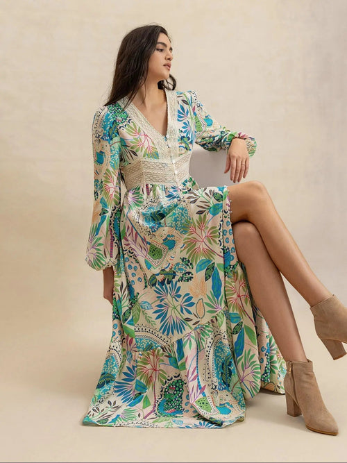 Vestito da donna con stampa a foglie e pizzo a contrasto, abbottonatura frontale e spacco sulla coscia, elegante vestito lungo con scollo a V e maniche a campana, orlo a balze per le vacanze, abbigliamento autunno/inverno da donna