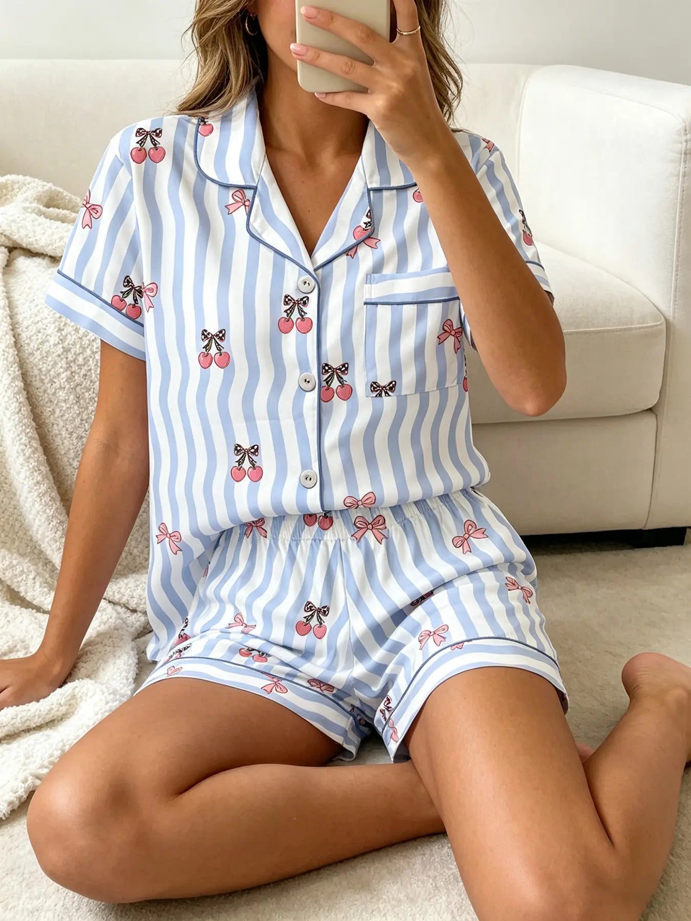 Women's Short Sleeve Button Down Top and Shorts Pajama Set, Spring Summer Wear