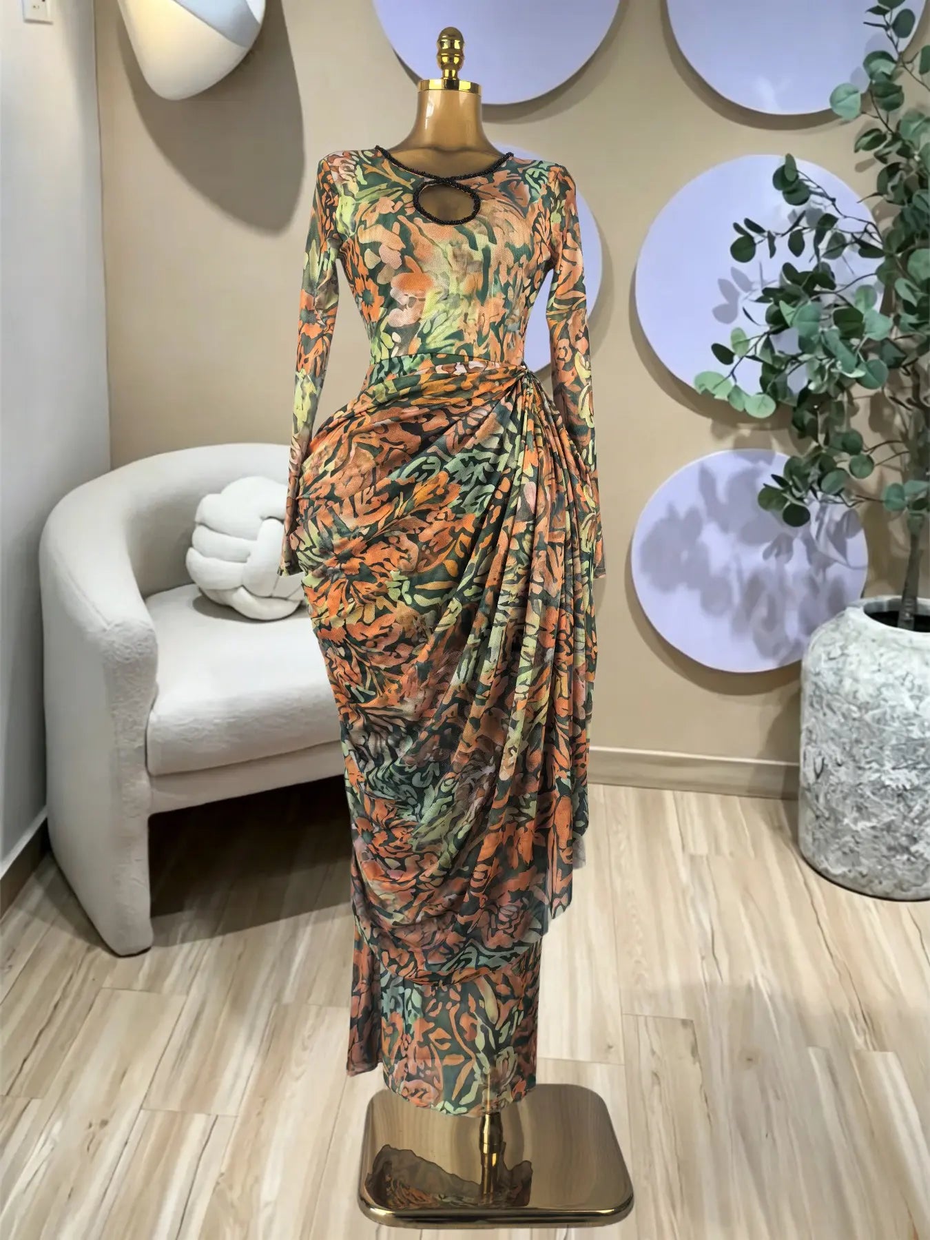 Elegant Women's Striped Pleated Long Sleeve Bodycon Maxi Prom Dress