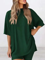 Ensemble T-shirt uni et short moulant pour femme, vêtement de nuit décontracté d'été à col rond, confortable, avec poches, pour l'extérieur