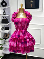 Women's Floral Print Backless Strapless Layered Ruffle Mini Dress