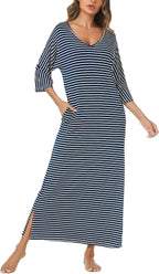 Women's long nightgown, three-quarter sleeve pure cotton pajamas, with pockets
