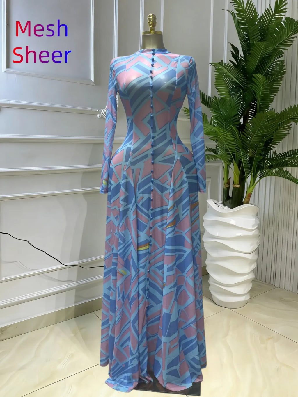 Women's Round-Neck Long Sleeve Woven Maxi Dress