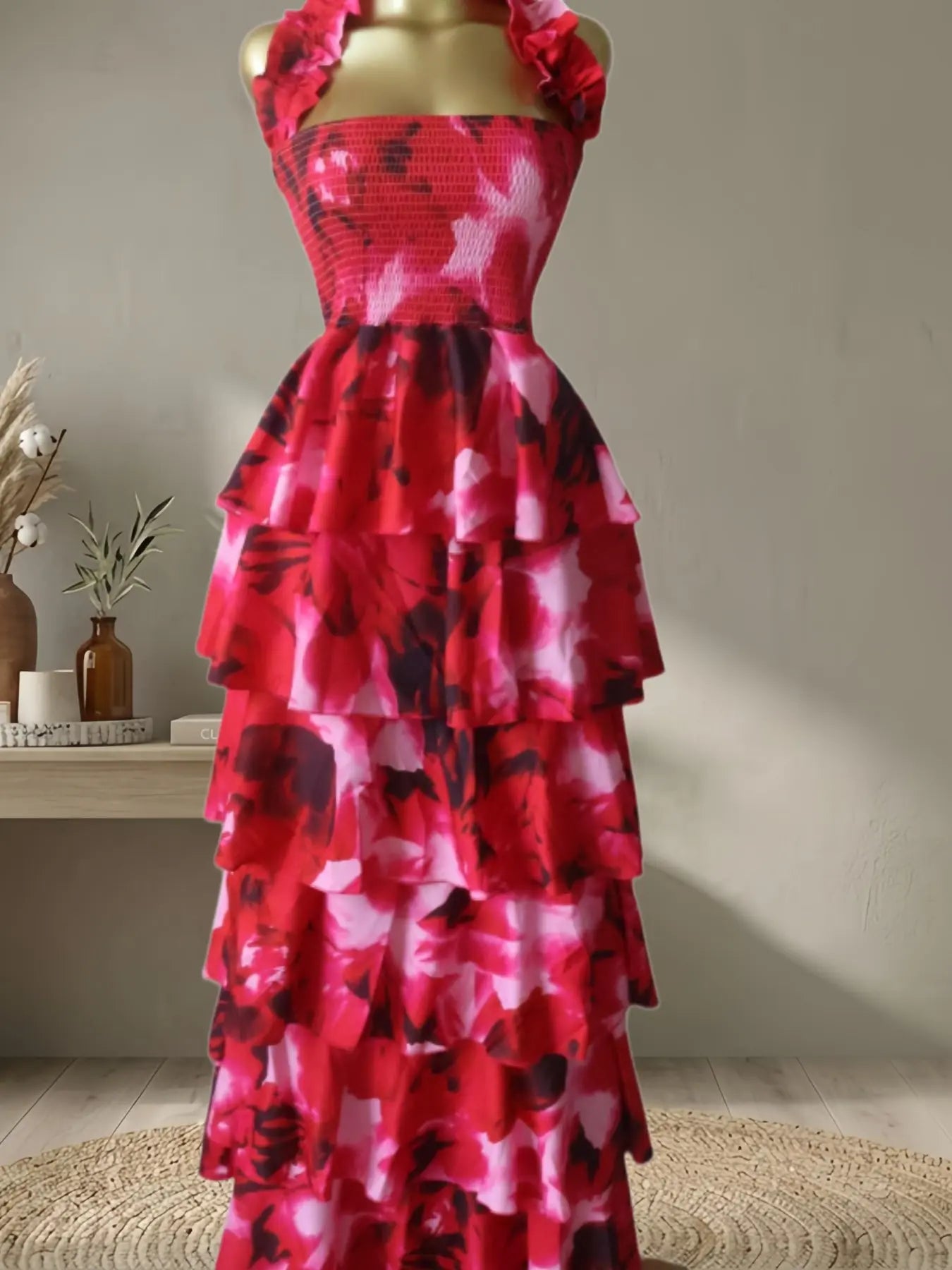Women's Floral Print Layered Ruffle Midi Maxi Dress