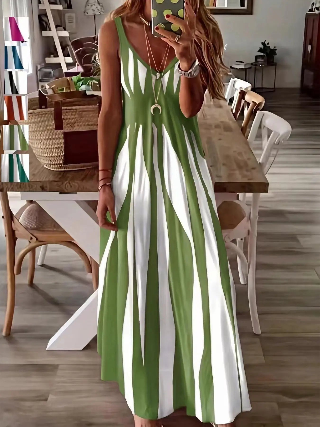 Women's Casual Sleeveless Striped V-Neck Long Dress