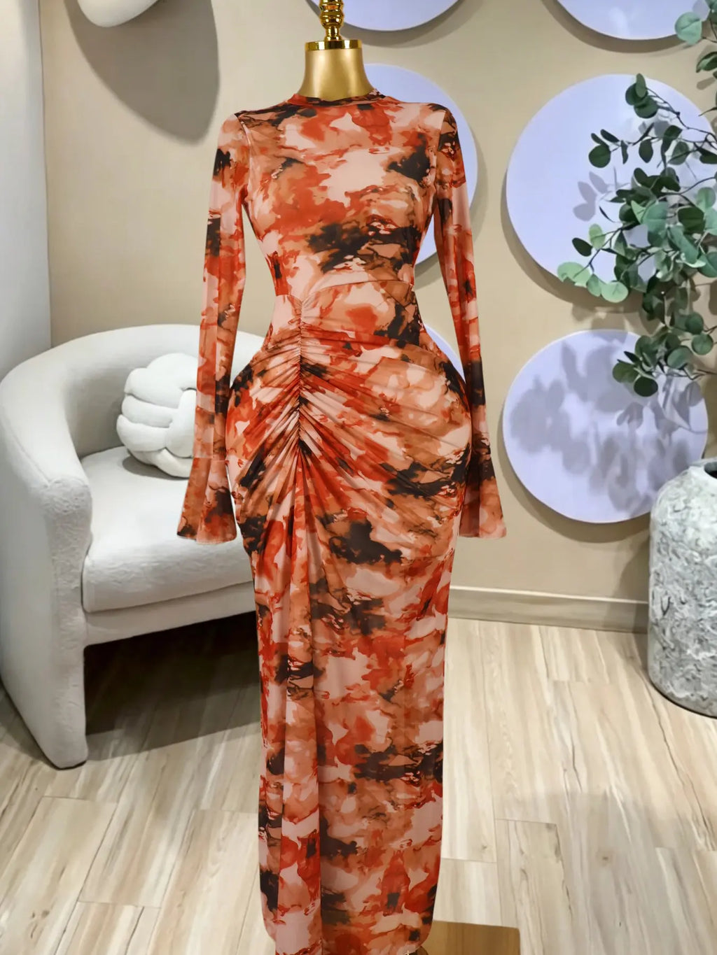 Elegant Women's All Over Print Long Sleeve Ruched Long Prom Dress