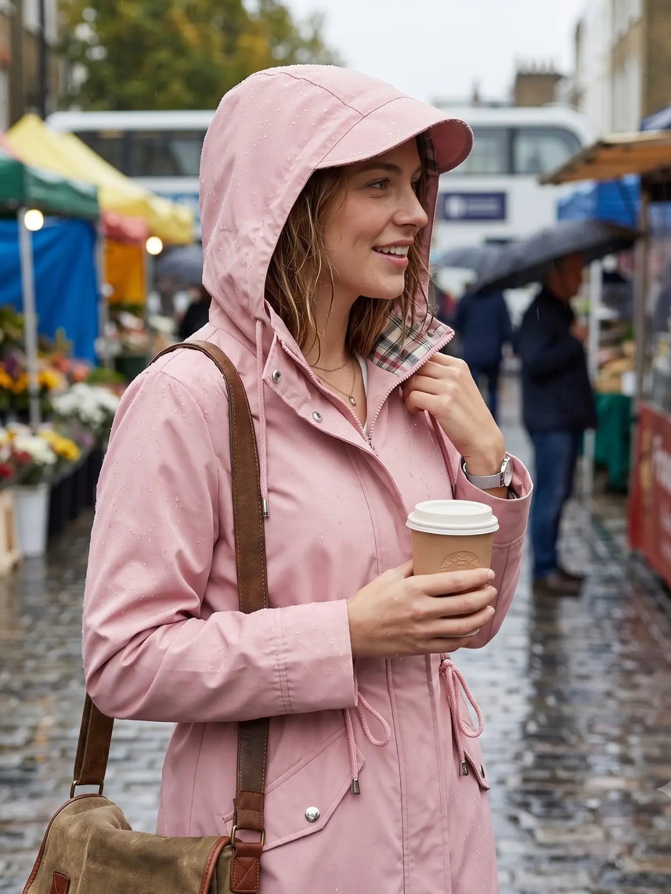 Women's Solid Color Drawstring Zip Up Hooded Trench Coat