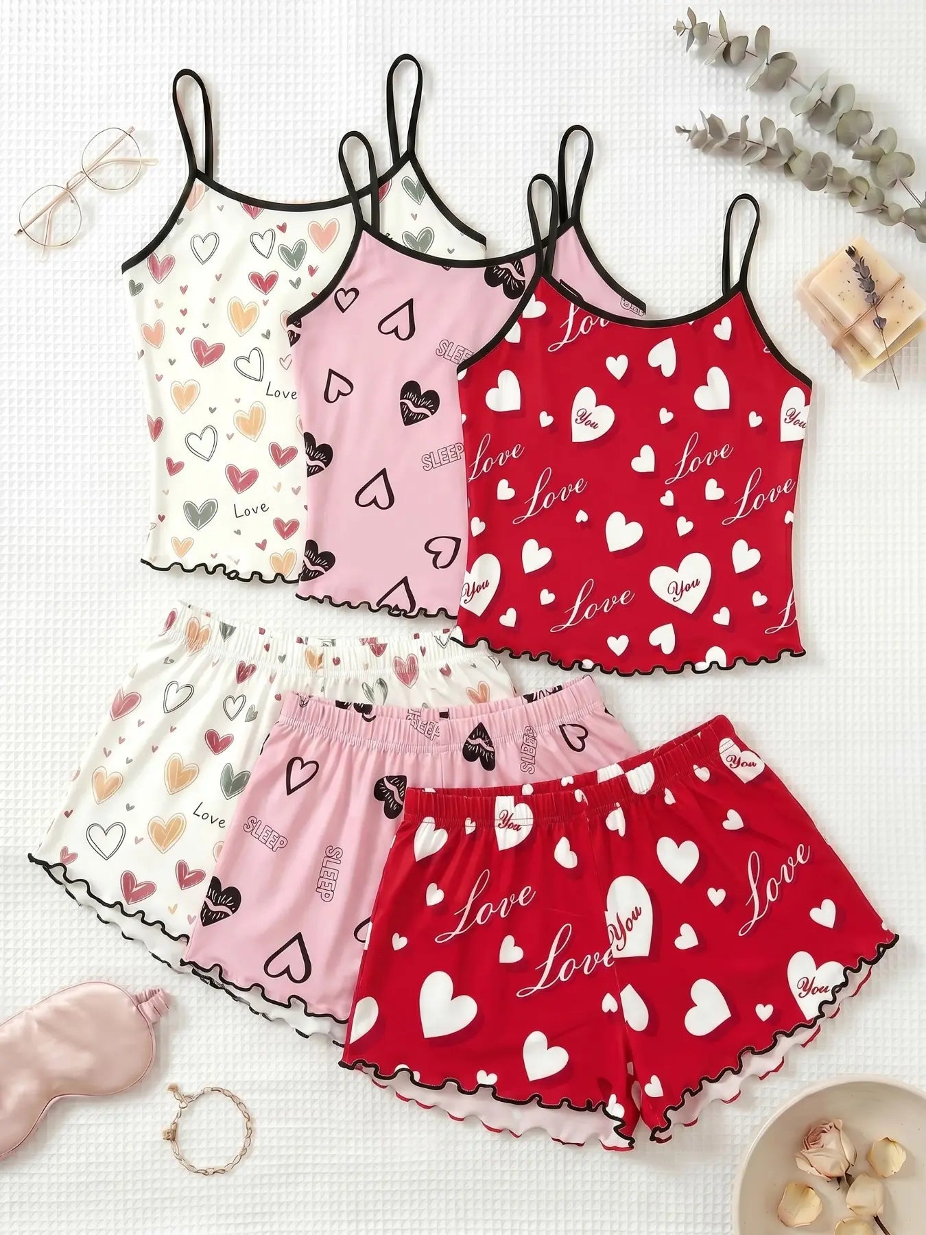 3-Piece Combo,Cherry Print Halter Short Pajamas Set