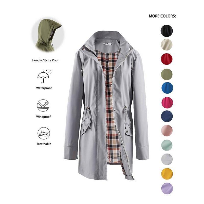 Trench-coat à capuche zippé de couleur unie pour femme, à cordon de serrage, manches longues, imperméable, coupe-vent, doux, confortable, décontracté, adapté au printemps, à l'automne, aux tenues quotidiennes et aux sorties