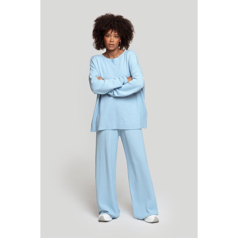 Completo due pezzi in maglia: T-shirt a maniche lunghe, girocollo, pantaloni con elastico in vita, maglia di medio spessore, comodo e versatile, abbigliamento femminile, adatto all'uso quotidiano, specialmente per i cambi di stagione.